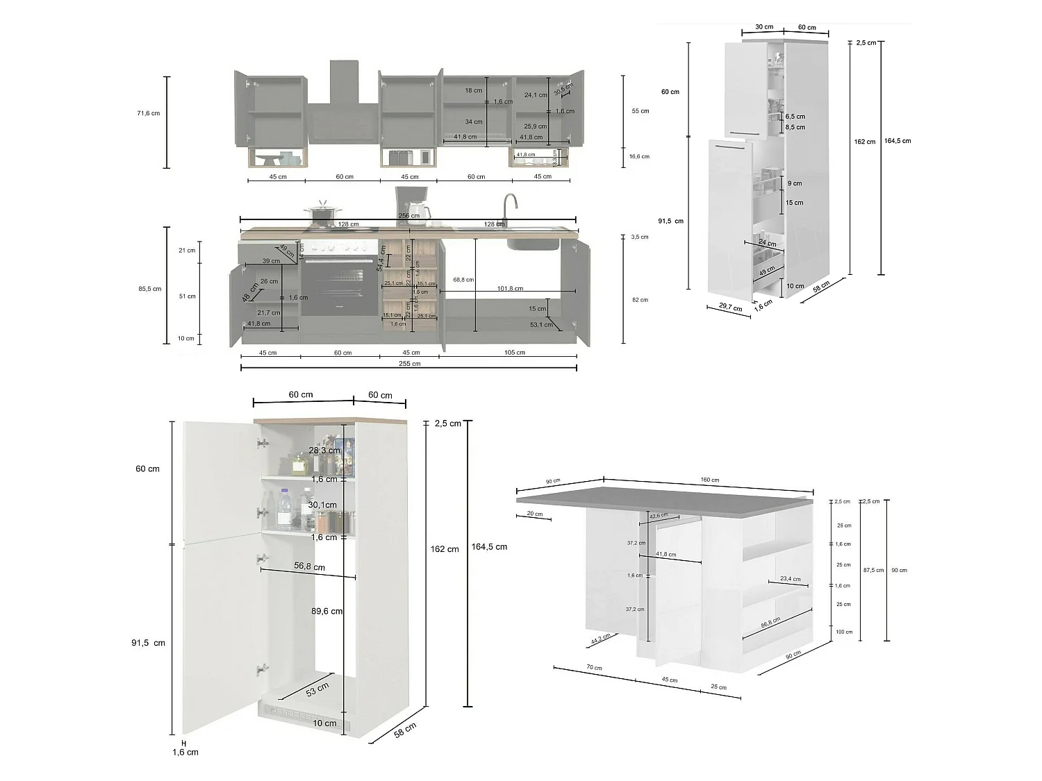 Cuisine Balme, modulable, fabriquée en Italie, blanc brillant, kitchenette, 29 étagères, 3 tiroirs, Électroménagers non inclus