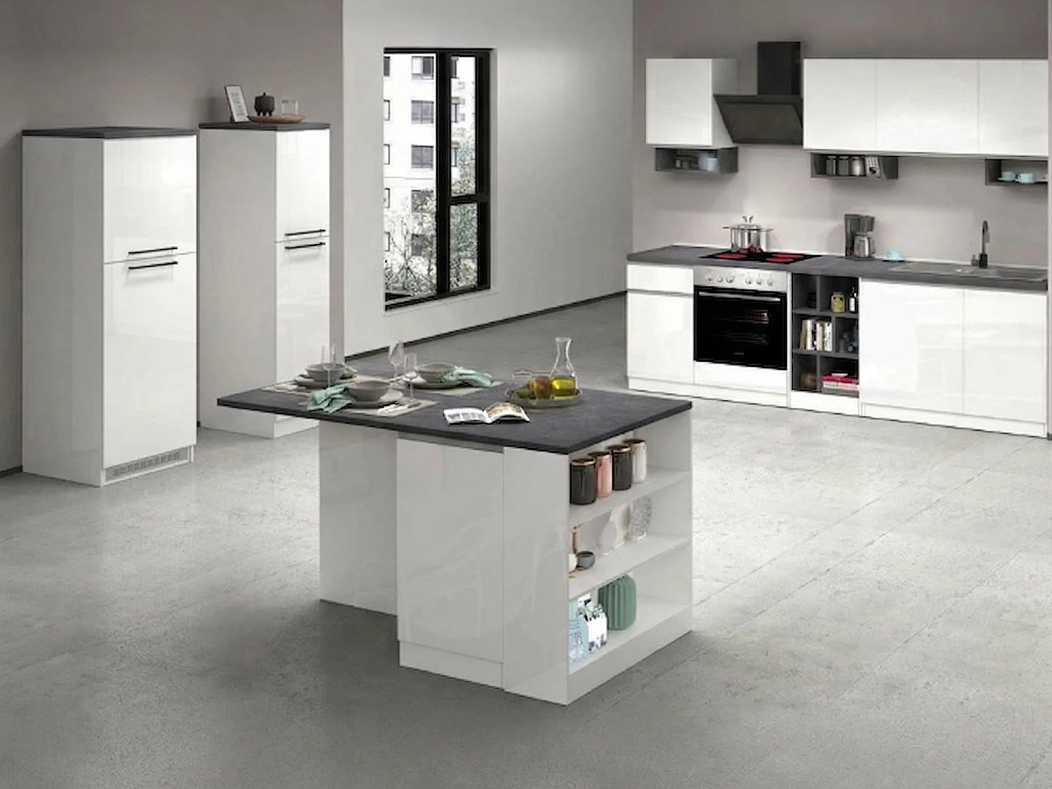 Cuisine Balme, modulable, fabriquée en Italie, blanc brillant, kitchenette, 29 étagères, 3 tiroirs, Électroménagers non inclus