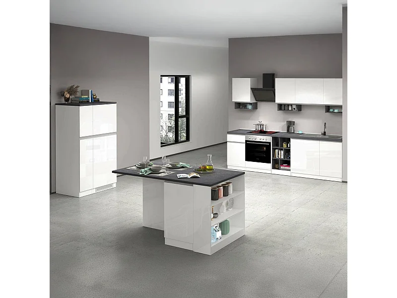 Cuisine complète Dantenucc, Ensemble avec garde-manger, Meuble de kitchenette, Kit bloc avec îlot et porte-frigo, 100% Made in Italy, Blanc brillant et ardoise