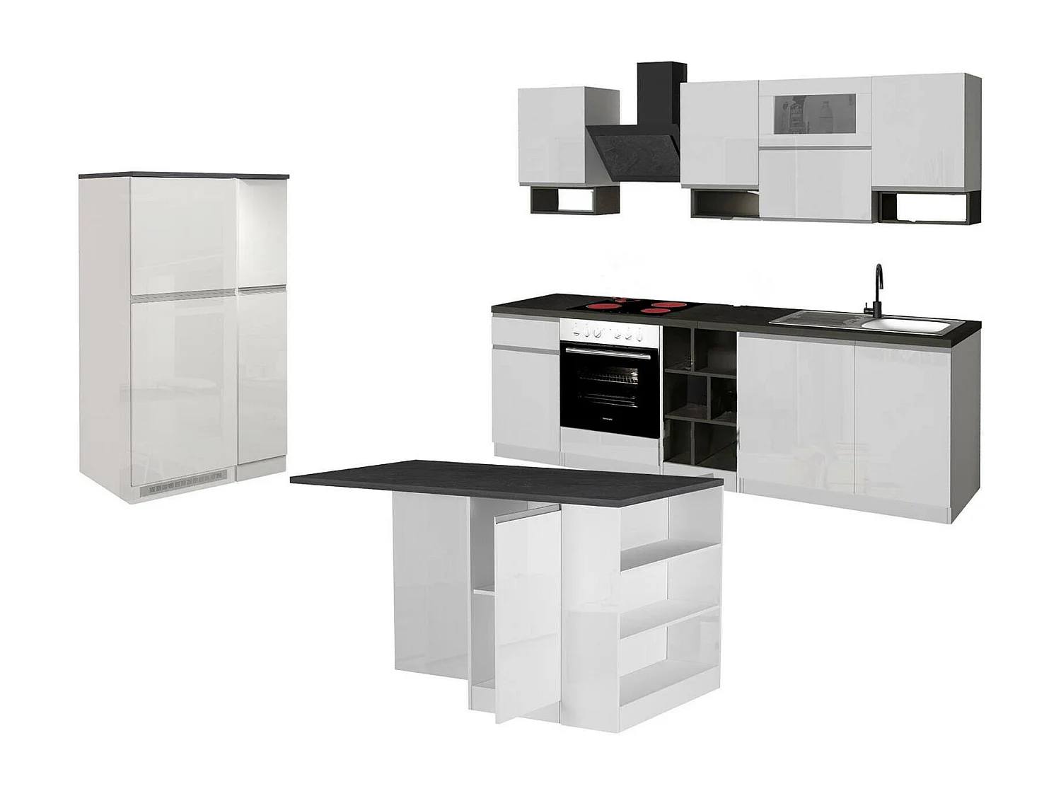 Dantenucc complete keuken, Set met bijkeuken, Keukenkast, Blokkit met eiland en koelkasthouder, 100% Made in Italy, Glanzend wit en leisteen