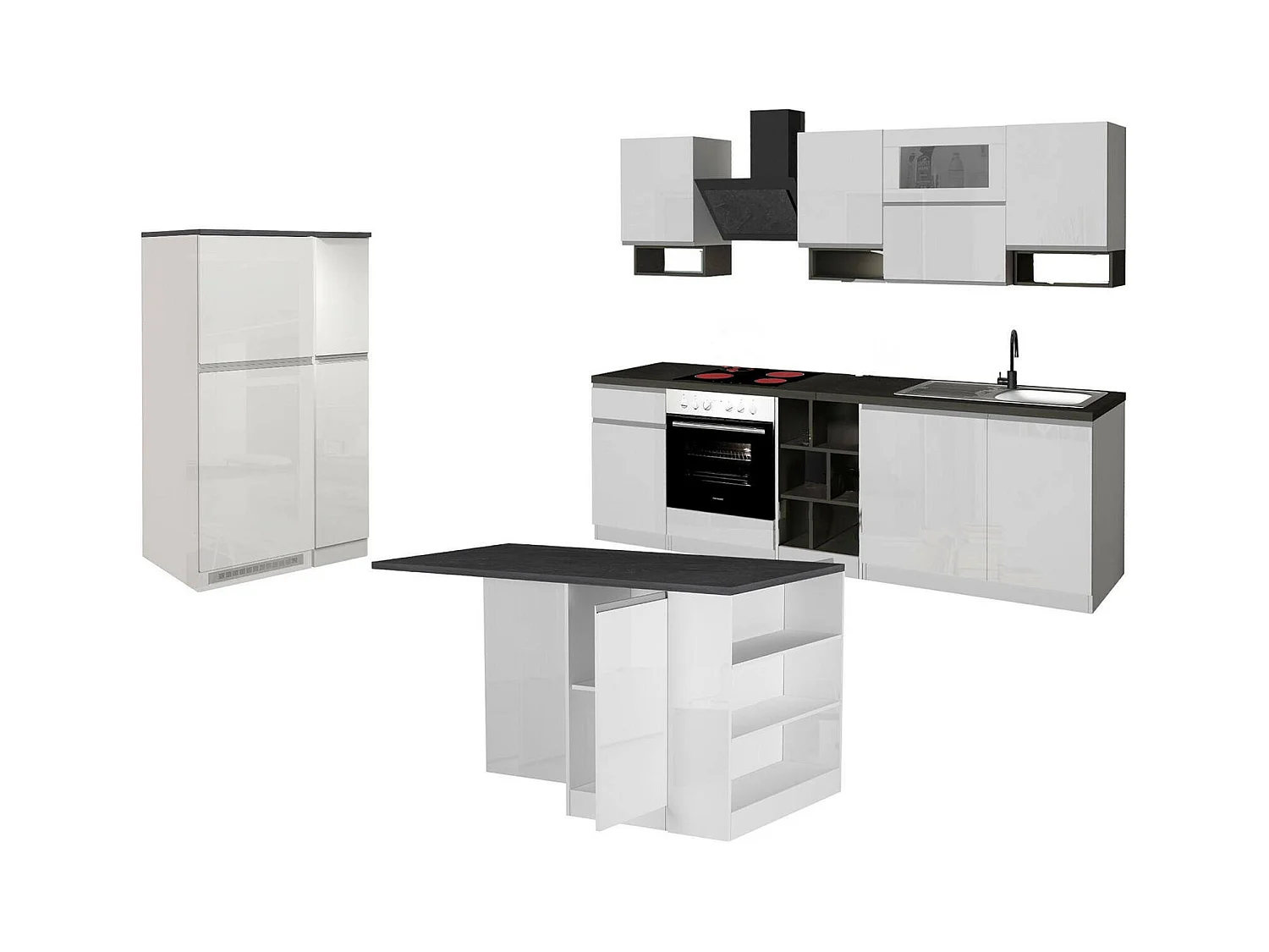 Cuisine complète Dantenucc, Ensemble avec garde-manger, Meuble de kitchenette, Kit bloc avec îlot et porte-frigo, 100% Made in Italy, Blanc brillant et ardoise