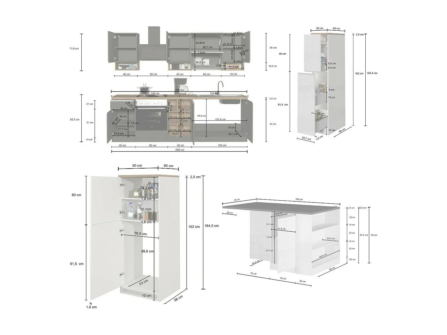 Cuisine complète Dantenucc, Ensemble avec garde-manger, Meuble de kitchenette, Kit bloc avec îlot et porte-frigo, 100% Made in Italy, Blanc brillant et ardoise