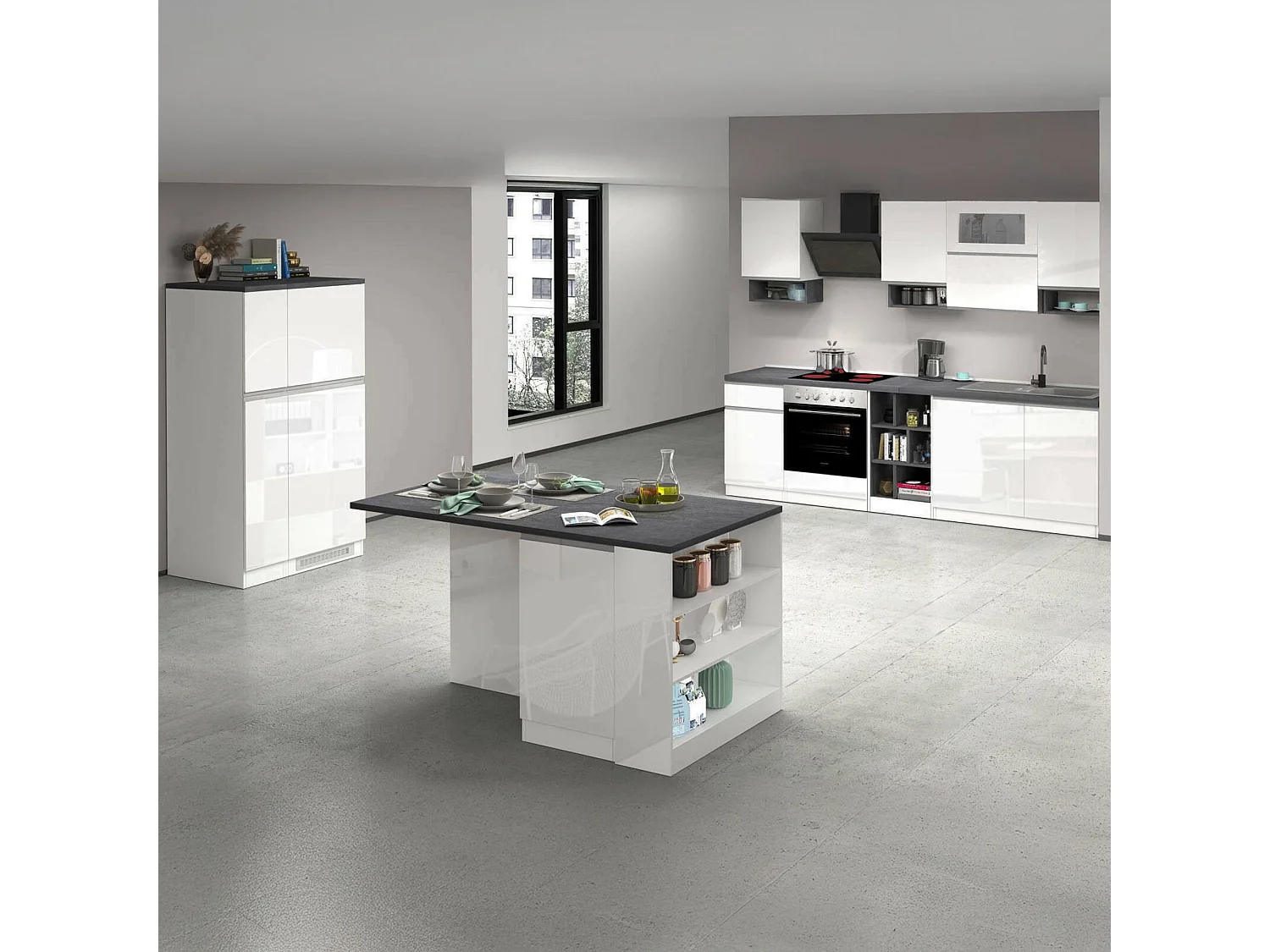 Dantenucc complete keuken, Set met bijkeuken, Keukenkast, Blokkit met eiland en koelkasthouder, 100% Made in Italy, Glanzend wit en leisteen