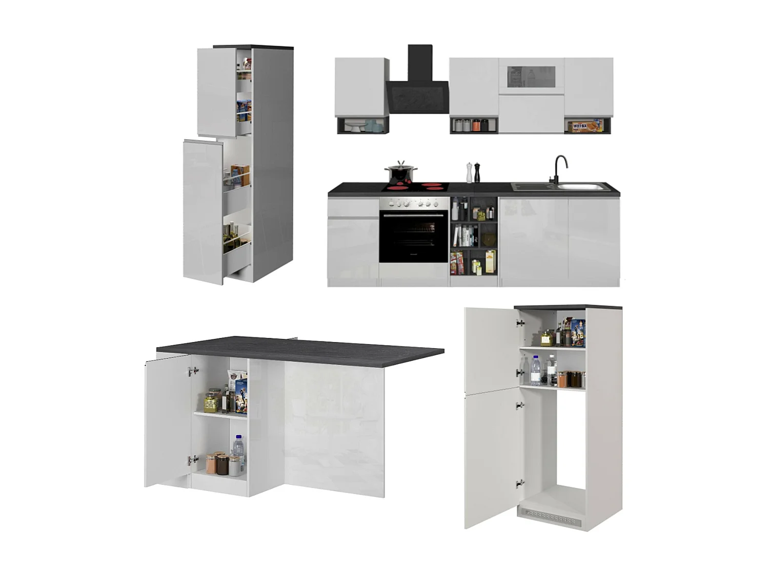 Dantenucc complete keuken, Set met bijkeuken, Keukenkast, Blokkit met eiland en koelkasthouder, 100% Made in Italy, Glanzend wit en leisteen