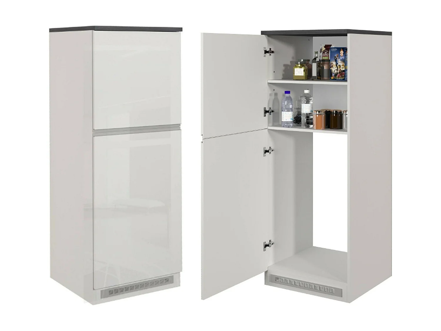 Dantenucc complete keuken, Set met bijkeuken, Keukenkast, Blokkit met eiland en koelkasthouder, 100% Made in Italy, Glanzend wit en leisteen