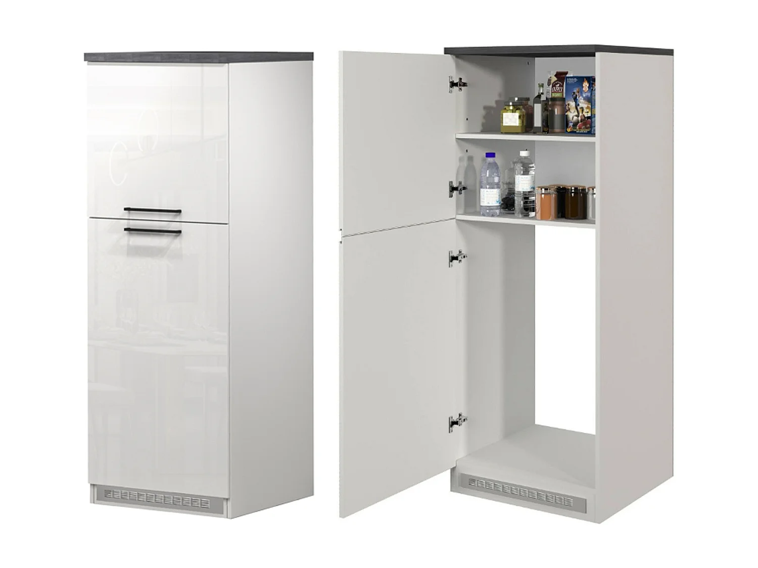 Cuisine complète Dantenucc, Ensemble avec garde-manger, Meuble de kitchenette, Kit bloc avec îlot et porte-frigo, 100% Made in Italy, Blanc brillant et ardoise
