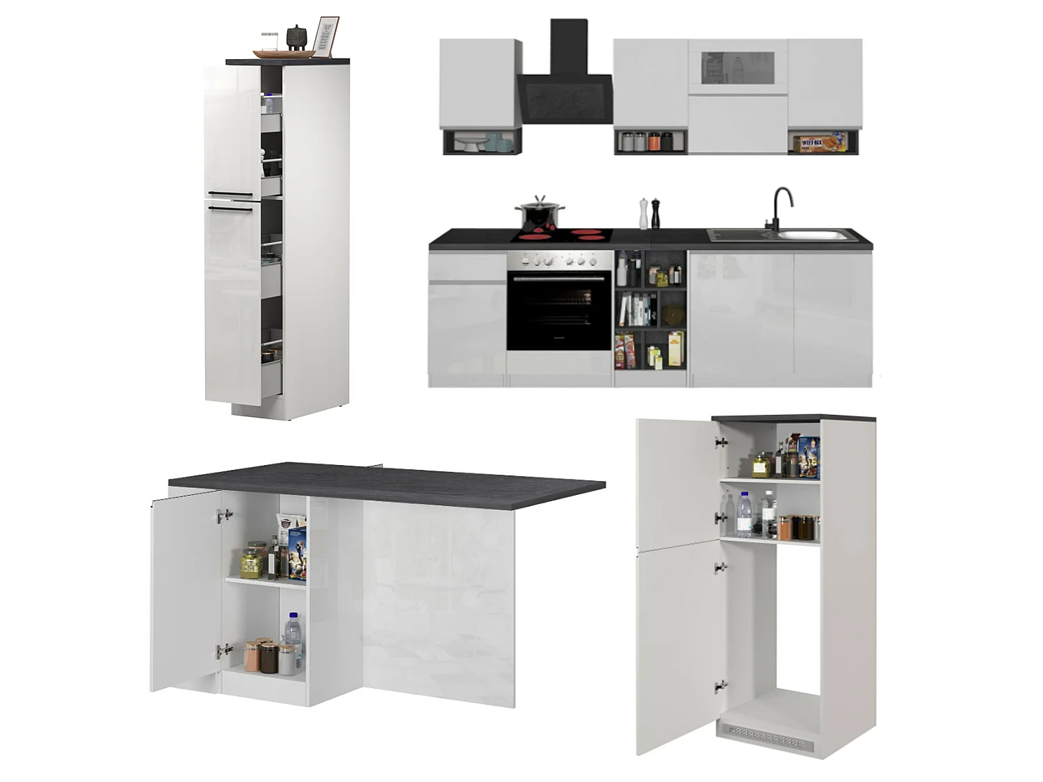 Balme keuken, modulair gemaakt in Italië, hoogglans wit, kitchenette, 29 legplanken, 3 lades, Apparaten niet inbegrepen