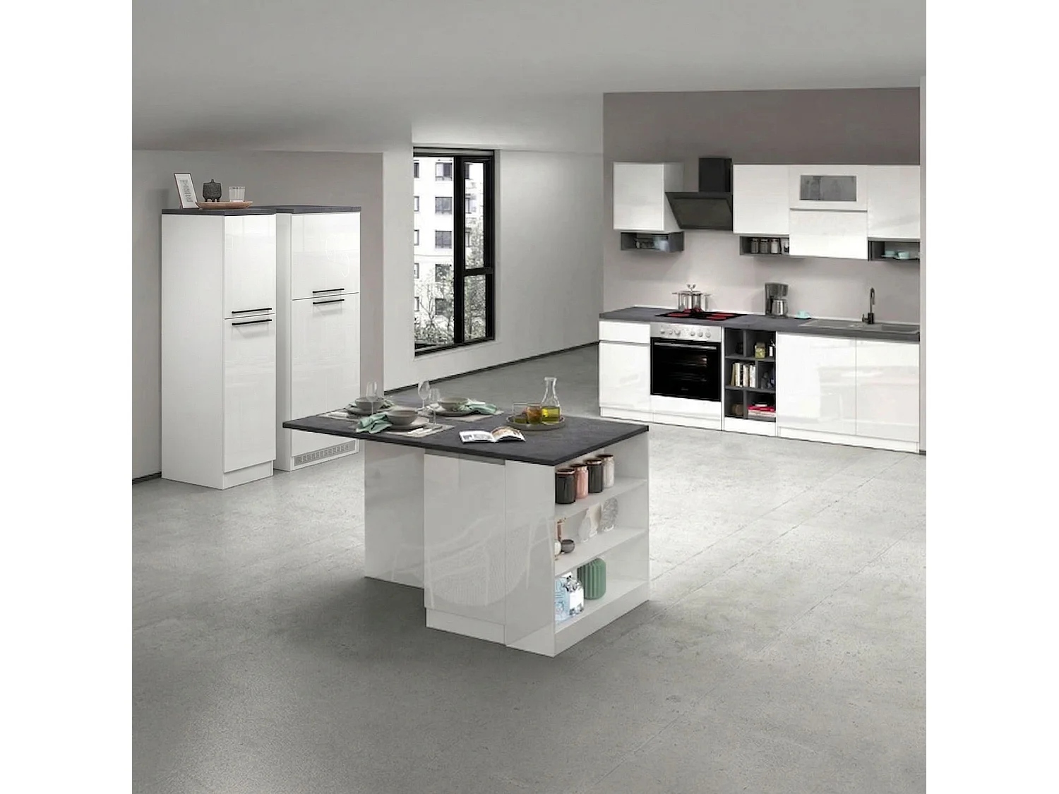 Balme keuken, modulair gemaakt in Italië, hoogglans wit, kitchenette, 29 legplanken, 3 lades, Apparaten niet inbegrepen