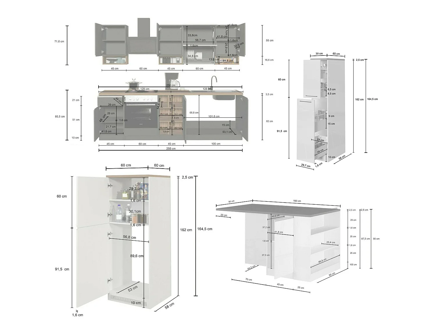 Balme keuken, modulair gemaakt in Italië, hoogglans wit, kitchenette, 29 legplanken, 3 lades, Apparaten niet inbegrepen