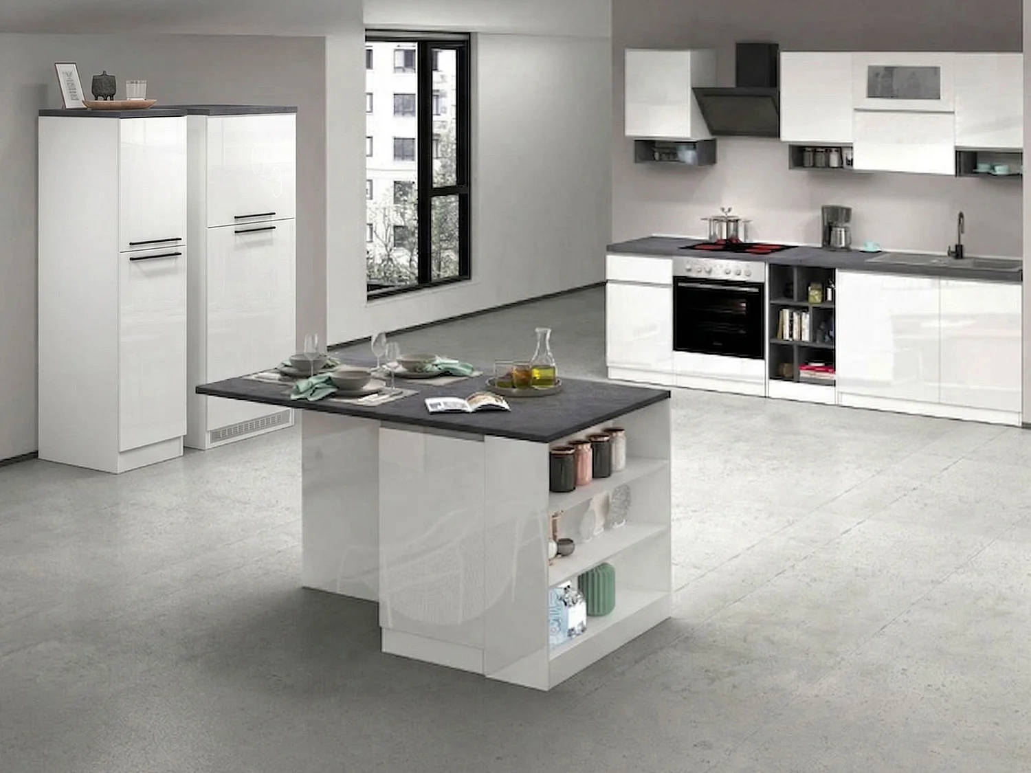 Balme keuken, modulair gemaakt in Italië, hoogglans wit, kitchenette, 29 legplanken, 3 lades, Apparaten niet inbegrepen
