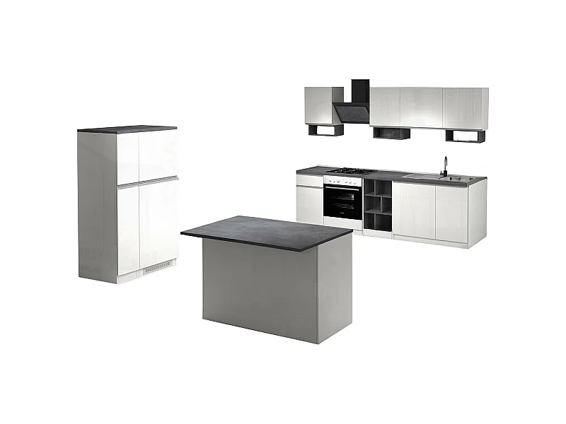 Dantenucc complete keuken, Set met bijkeuken, Keukenkast, Blokkit met eiland en koelkasthouder, 100% Made in Italy, Glanzend wit en leisteen