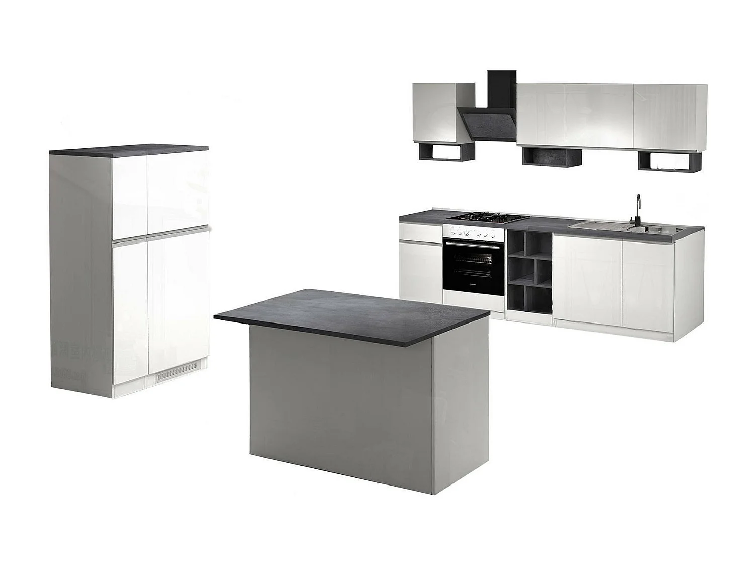 Dantenucc complete keuken, Set met bijkeuken, Keukenkast, Blokkit met eiland en koelkasthouder, 100% Made in Italy, Glanzend wit en leisteen