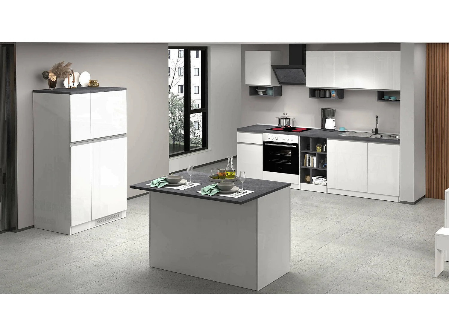 Cuisine complète Dantenucc, Ensemble avec garde-manger, Meuble de kitchenette, Kit bloc avec îlot et porte-frigo, 100% Made in Italy, Blanc brillant et ardoise
