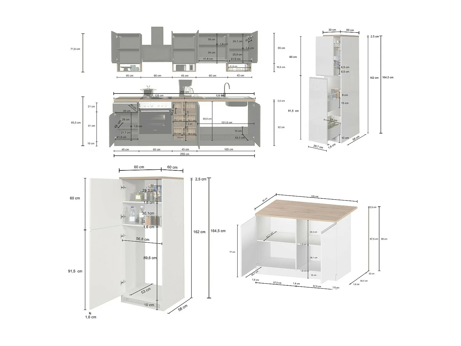 Cuisine complète Dantenucc, Ensemble avec garde-manger, Meuble de kitchenette, Kit bloc avec îlot et porte-frigo, 100% Made in Italy, Blanc brillant et ardoise