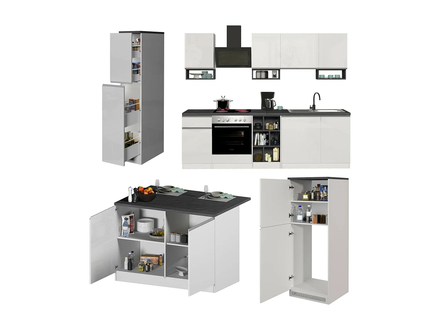Cuisine complète Dantenucc, Ensemble avec garde-manger, Meuble de kitchenette, Kit bloc avec îlot et porte-frigo, 100% Made in Italy, Blanc brillant et ardoise