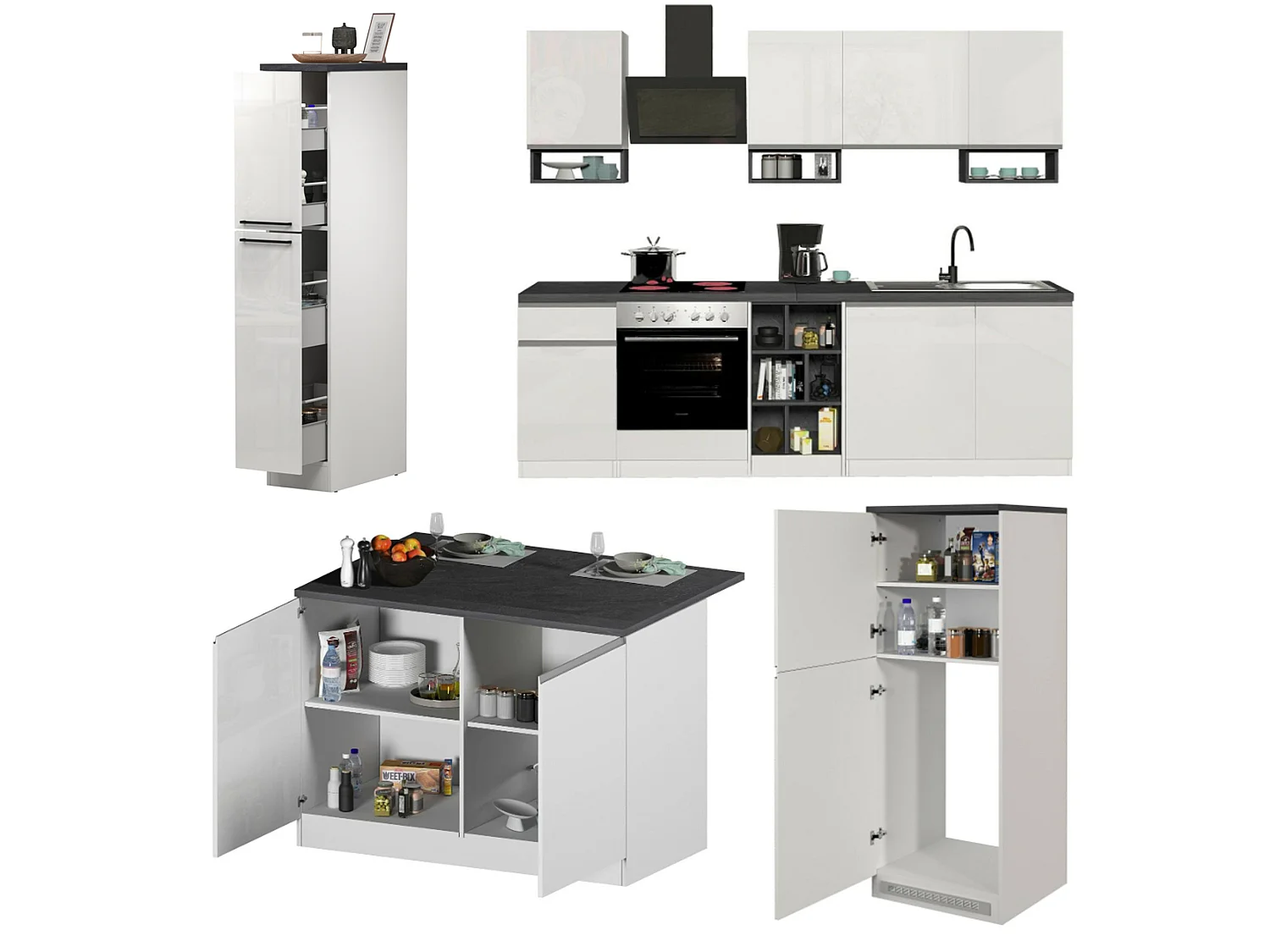 Cuisine Balme, 29 étagères fabriquée en Italie, blanc brillant, kitchenette, 3 tiroirs, 32 compartiments, Électroménagers non inclus