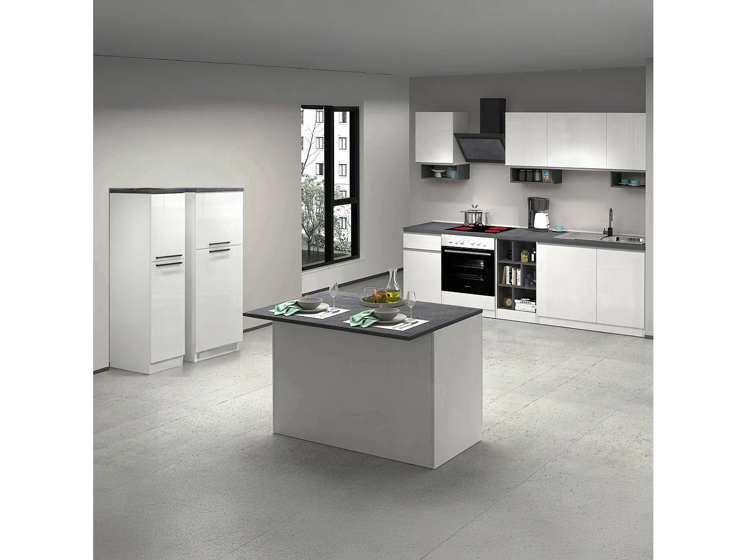 Cuisine Balme, 29 étagères fabriquée en Italie, blanc brillant, kitchenette, 3 tiroirs, 32 compartiments, Électroménagers non inclus