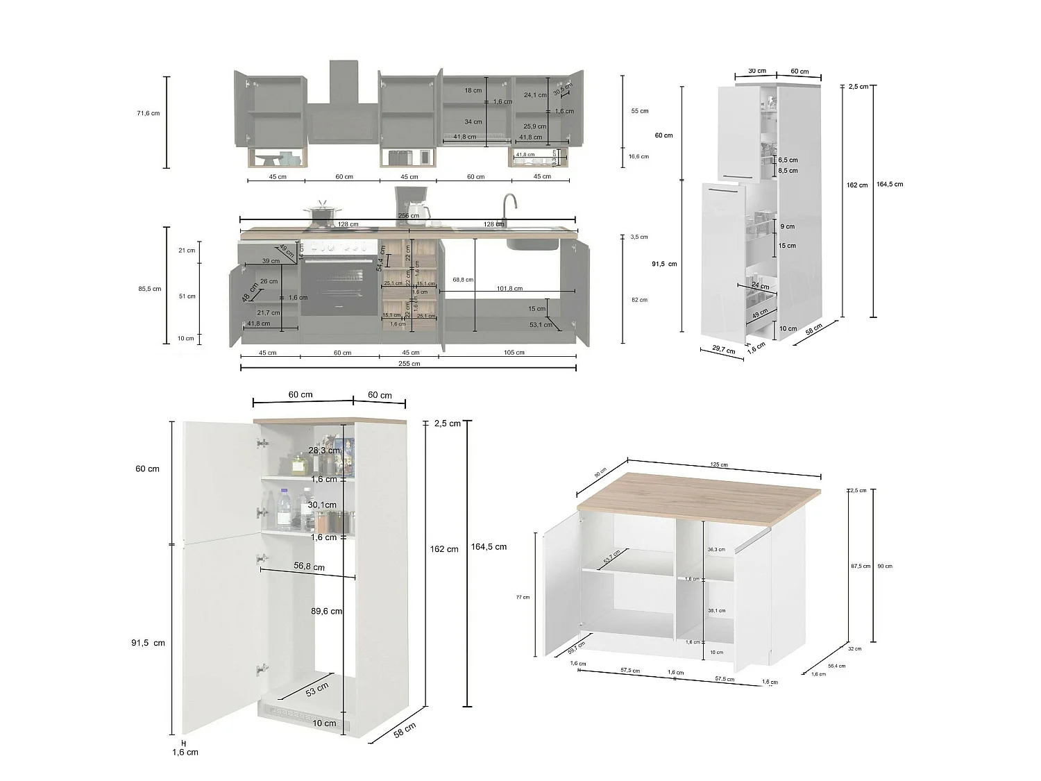 Cuisine Balme, 29 étagères fabriquée en Italie, blanc brillant, kitchenette, 3 tiroirs, 32 compartiments, Électroménagers non inclus