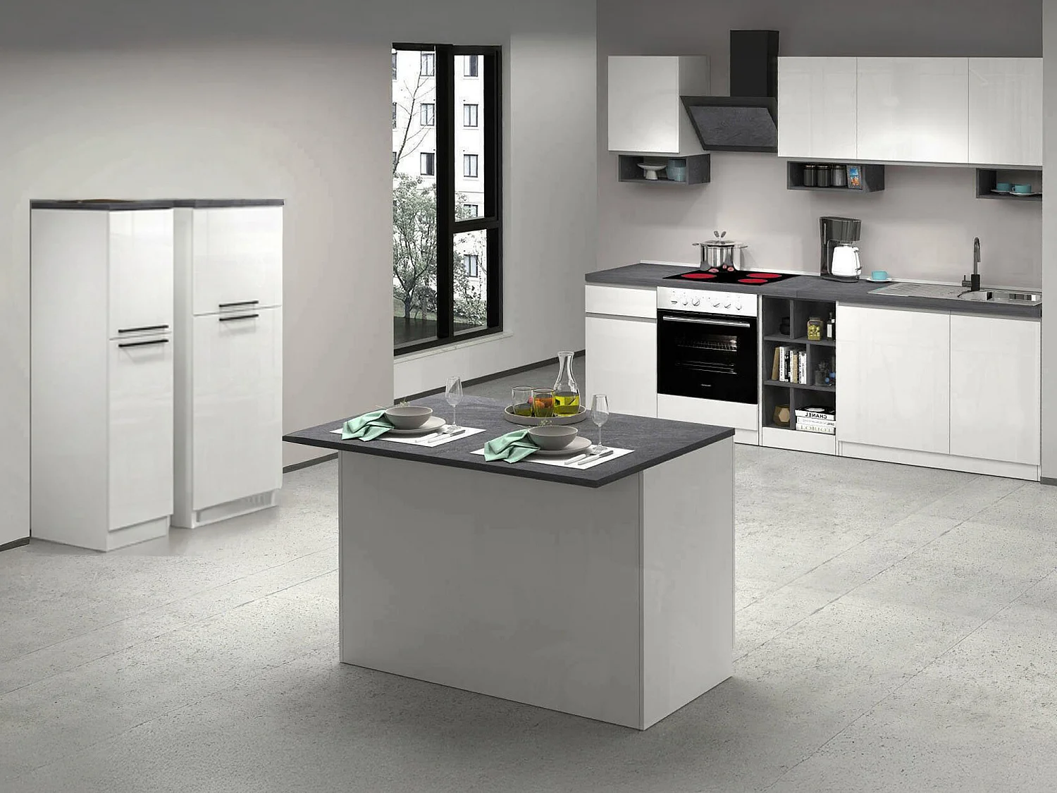 Cuisine Balme, 29 étagères fabriquée en Italie, blanc brillant, kitchenette, 3 tiroirs, 32 compartiments, Électroménagers non inclus