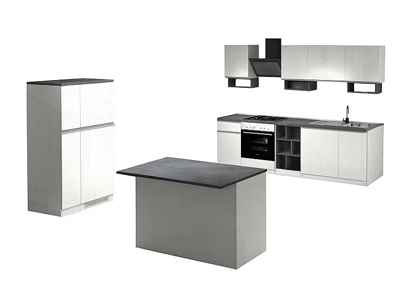 Cuisine complète Dantenucc, Ensemble avec garde-manger, Meuble de kitchenette, Kit bloc avec îlot et porte-frigo, 100% Made in Italy, Blanc brillant et ardoise