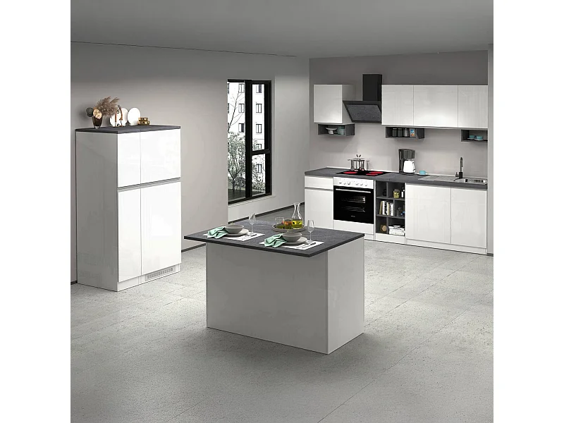 Cuisine complète Dantenucc, Ensemble avec garde-manger, Meuble de kitchenette, Kit bloc avec îlot et porte-frigo, 100% Made in Italy, Blanc brillant et ardoise