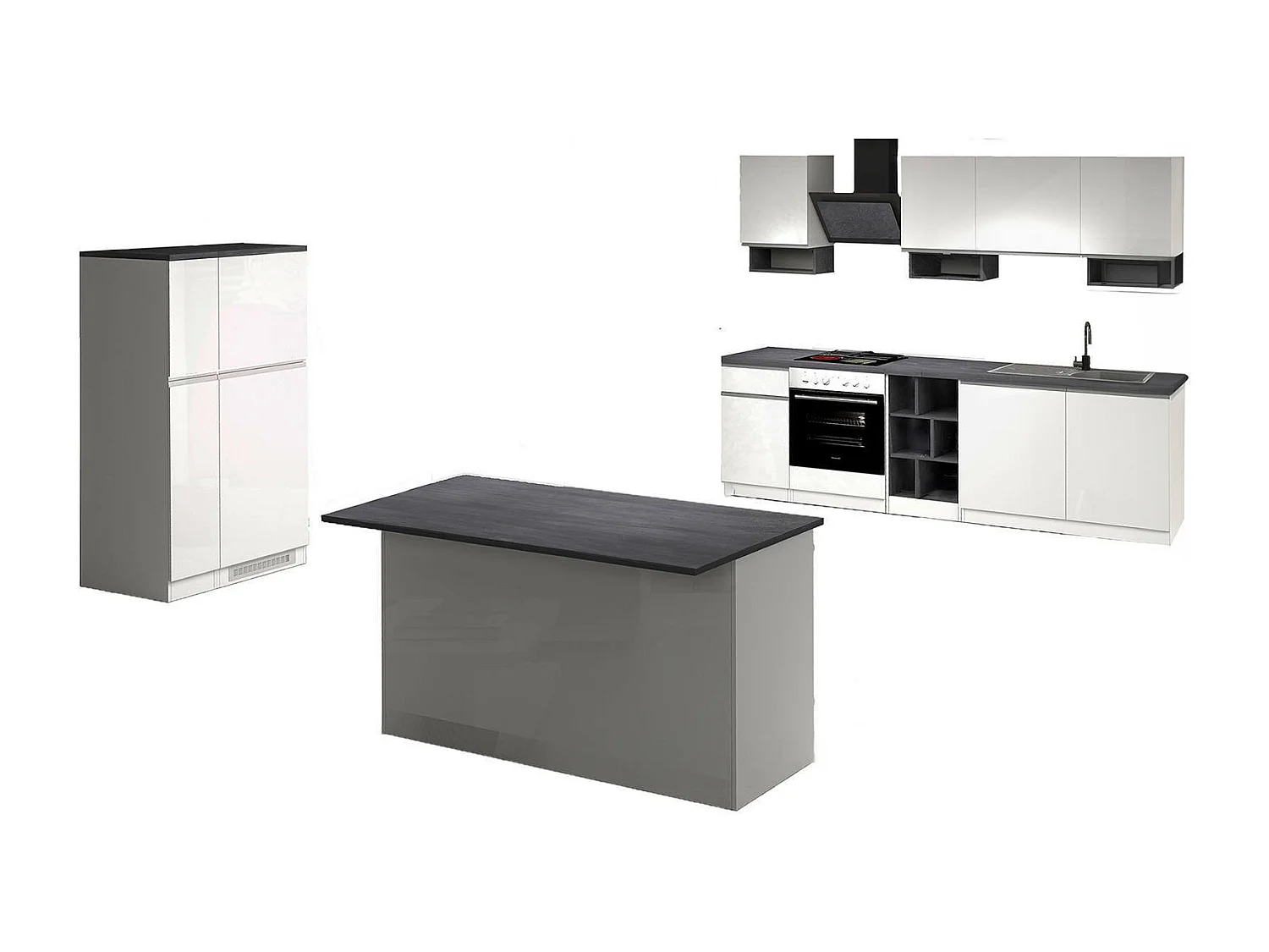 Cuisine complète Dantenucc, Ensemble avec garde-manger, Meuble de kitchenette, Kit bloc avec îlot et porte-frigo, 100% Made in Italy, Blanc brillant et ardoise