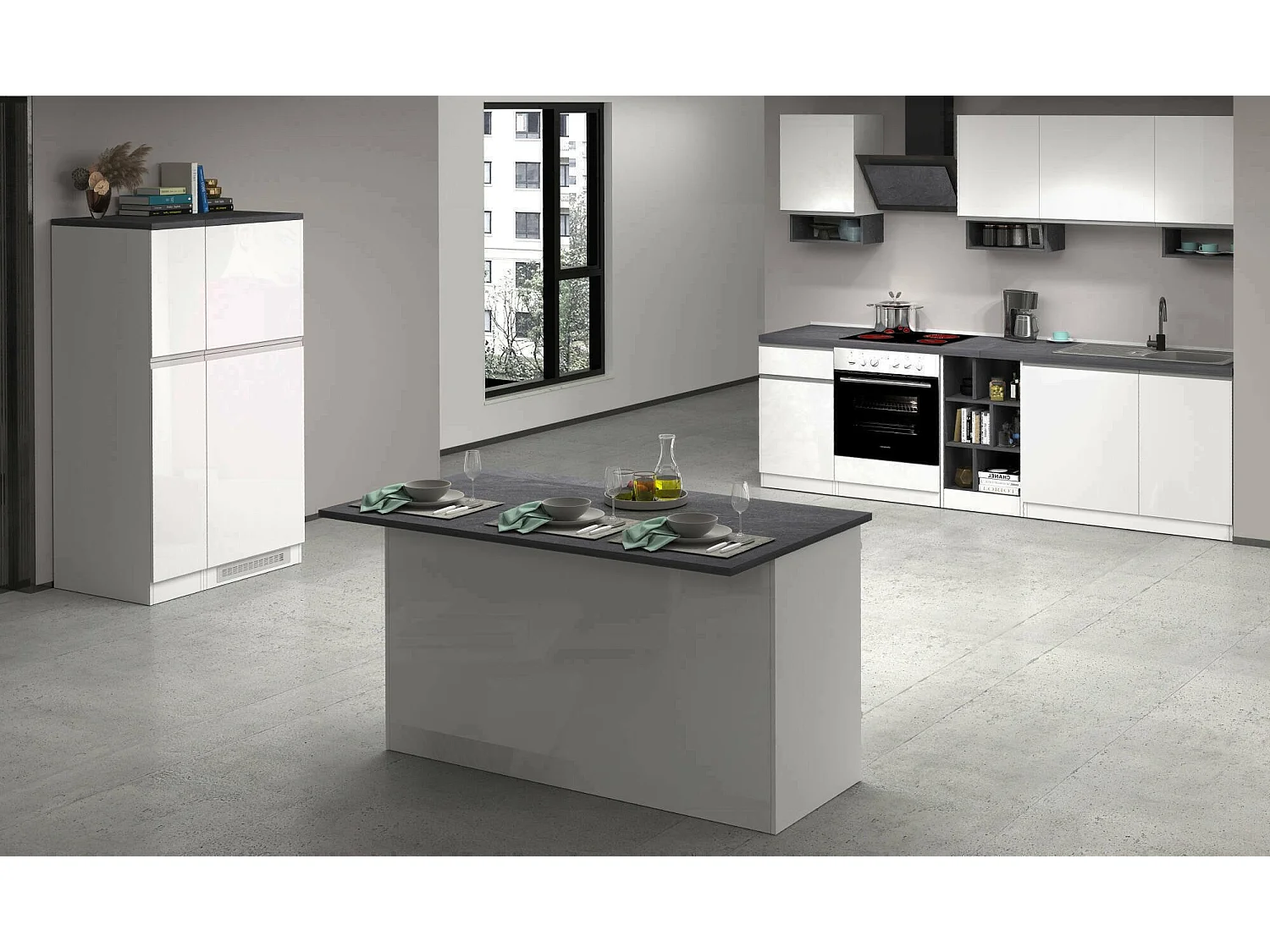 Cuisine complète Dantenucc, Ensemble avec garde-manger, Meuble de kitchenette, Kit bloc avec îlot et porte-frigo, 100% Made in Italy, Blanc brillant et ardoise