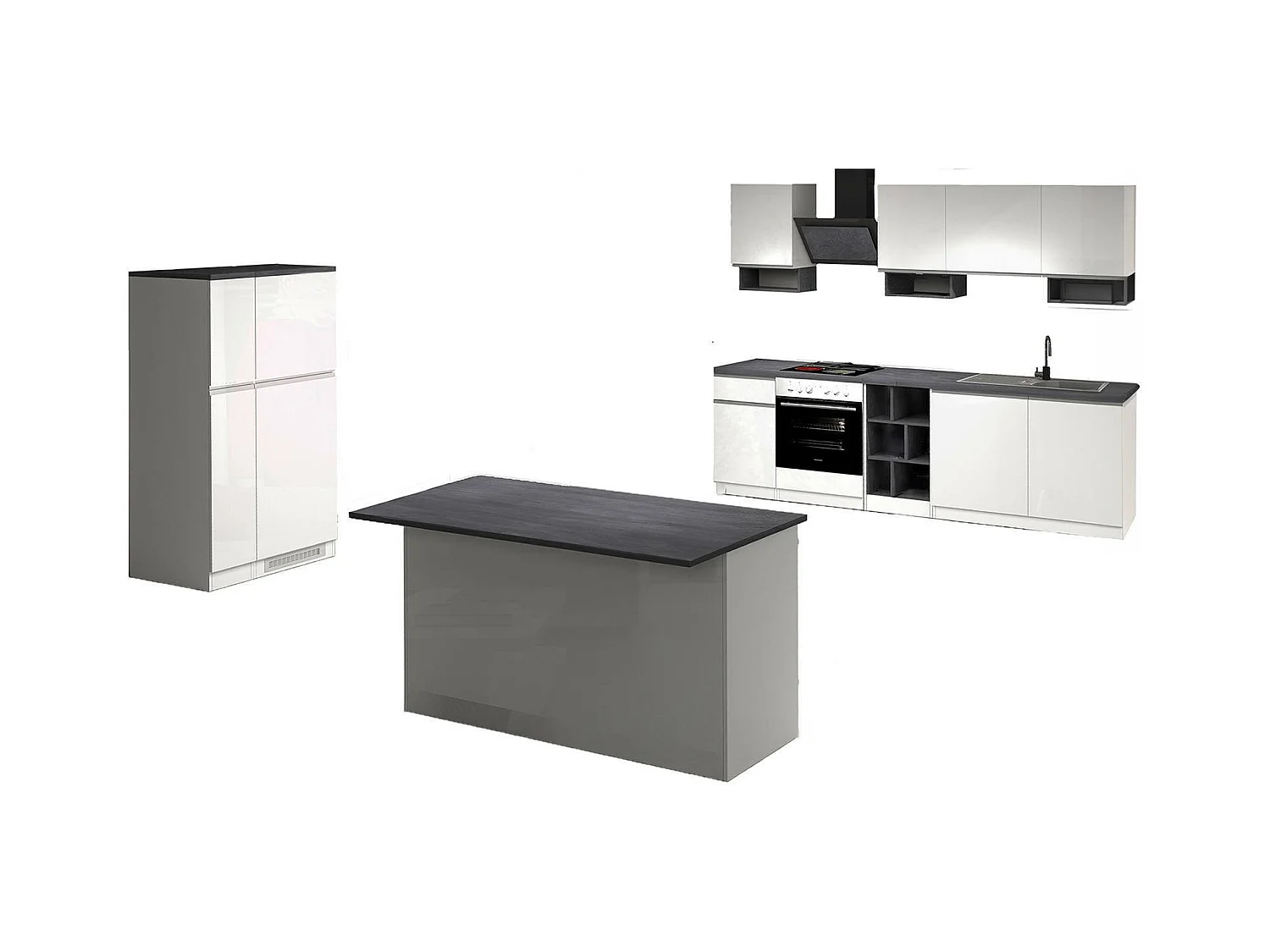 Cuisine complète Dantenucc, Ensemble avec garde-manger, Meuble de kitchenette, Kit bloc avec îlot et porte-frigo, 100% Made in Italy, Blanc brillant et ardoise