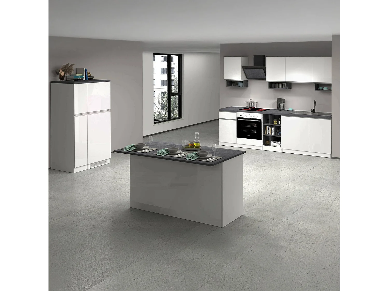Cuisine complète Dantenucc, Ensemble avec garde-manger, Meuble de kitchenette, Kit bloc avec îlot et porte-frigo, 100% Made in Italy, Blanc brillant et ardoise