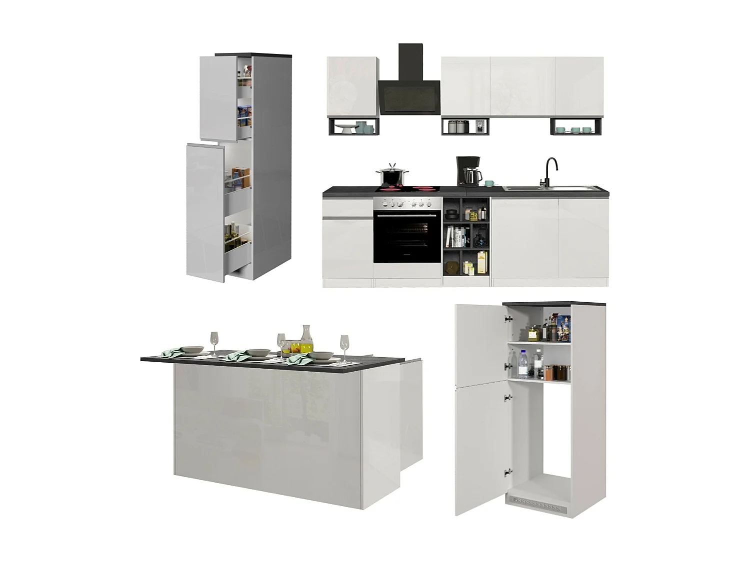 Cuisine complète Dantenucc, Ensemble avec garde-manger, Meuble de kitchenette, Kit bloc avec îlot et porte-frigo, 100% Made in Italy, Blanc brillant et ardoise