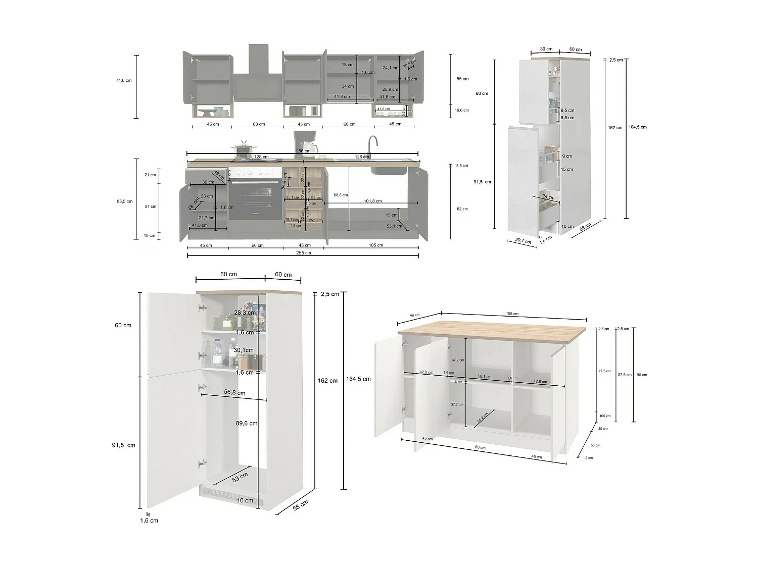 Cuisine complète Dantenucc, Ensemble avec garde-manger, Meuble de kitchenette, Kit bloc avec îlot et porte-frigo, 100% Made in Italy, Blanc brillant et ardoise