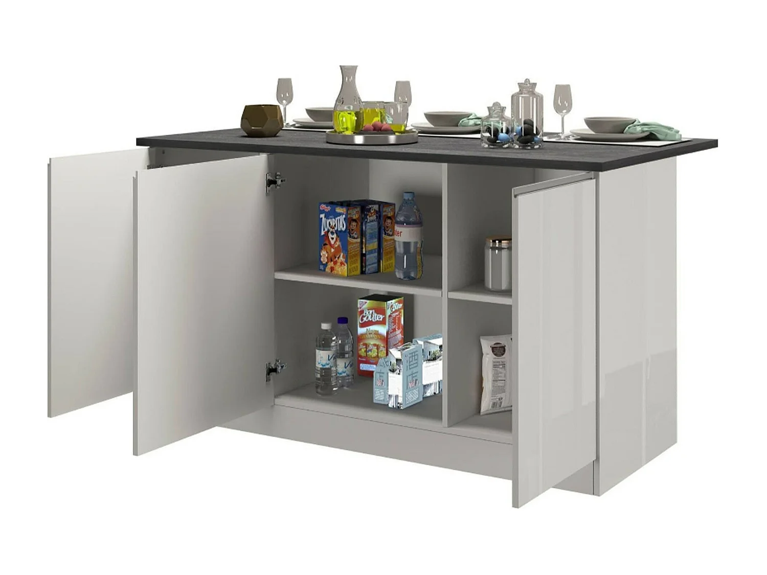 Cuisine complète Dantenucc, Ensemble avec garde-manger, Meuble de kitchenette, Kit bloc avec îlot et porte-frigo, 100% Made in Italy, Blanc brillant et ardoise