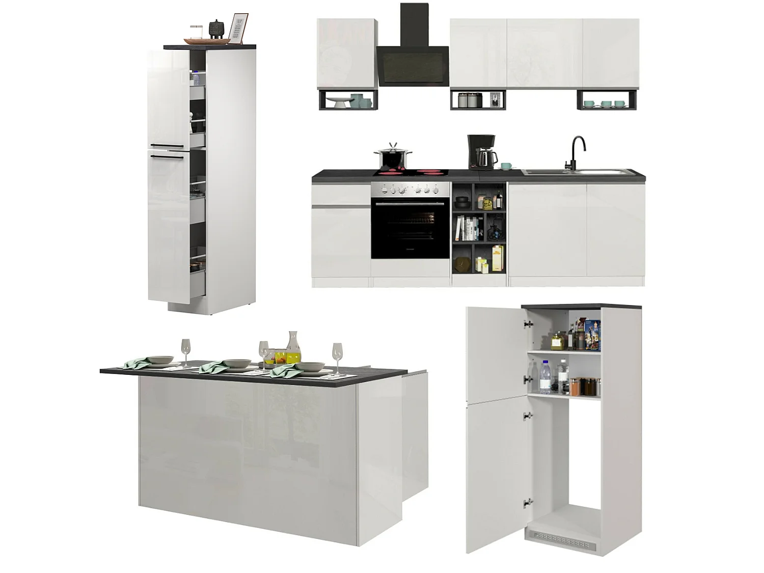 Cuisine Balme, modulable fabriquée en Italie, blanc brillant, kitchenette, 29 étagères, 3 tiroirs, Électroménagers non inclus