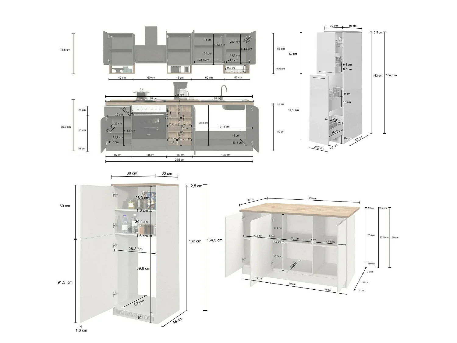 Cuisine Balme, modulable fabriquée en Italie, blanc brillant, kitchenette, 29 étagères, 3 tiroirs, Électroménagers non inclus
