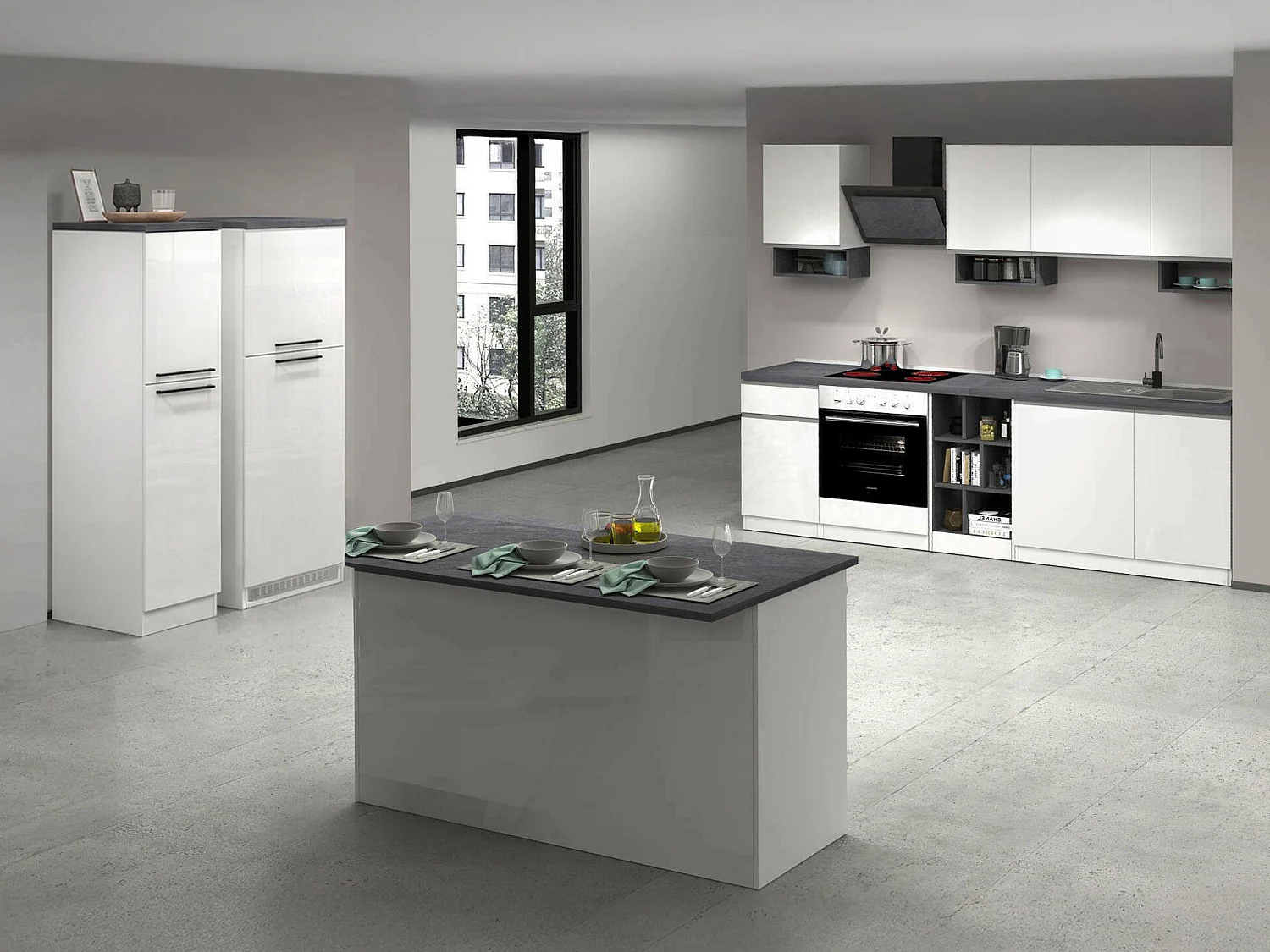 Cuisine Balme, modulable fabriquée en Italie, blanc brillant, kitchenette, 29 étagères, 3 tiroirs, Électroménagers non inclus