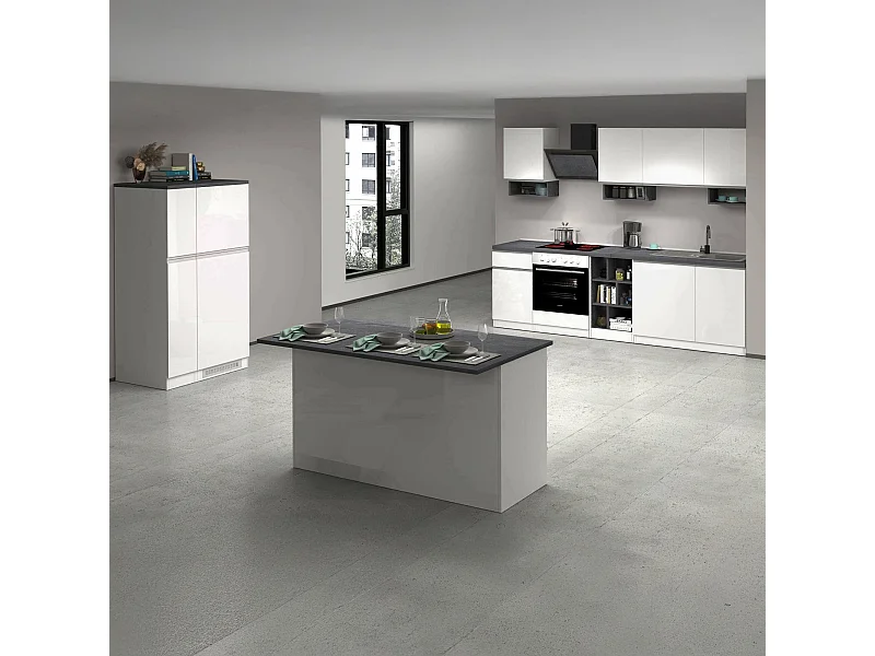 Cuisine complète Dantenucc, Ensemble avec garde-manger, Meuble de kitchenette, Kit bloc avec îlot et porte-frigo, 100% Made in Italy, Blanc brillant et ardoise