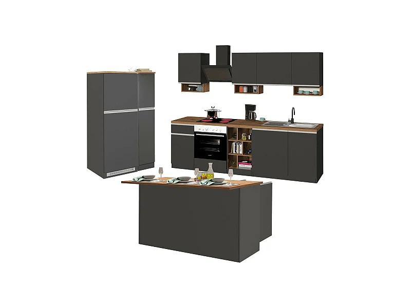 Vollständige Küche Danderso, Set mit Speisekammer, Küchenzeile Schrank, Blockbausatz mit Insel und Kühlschrankträger, 100 % Made in Italy, Anthrazit und Eiche