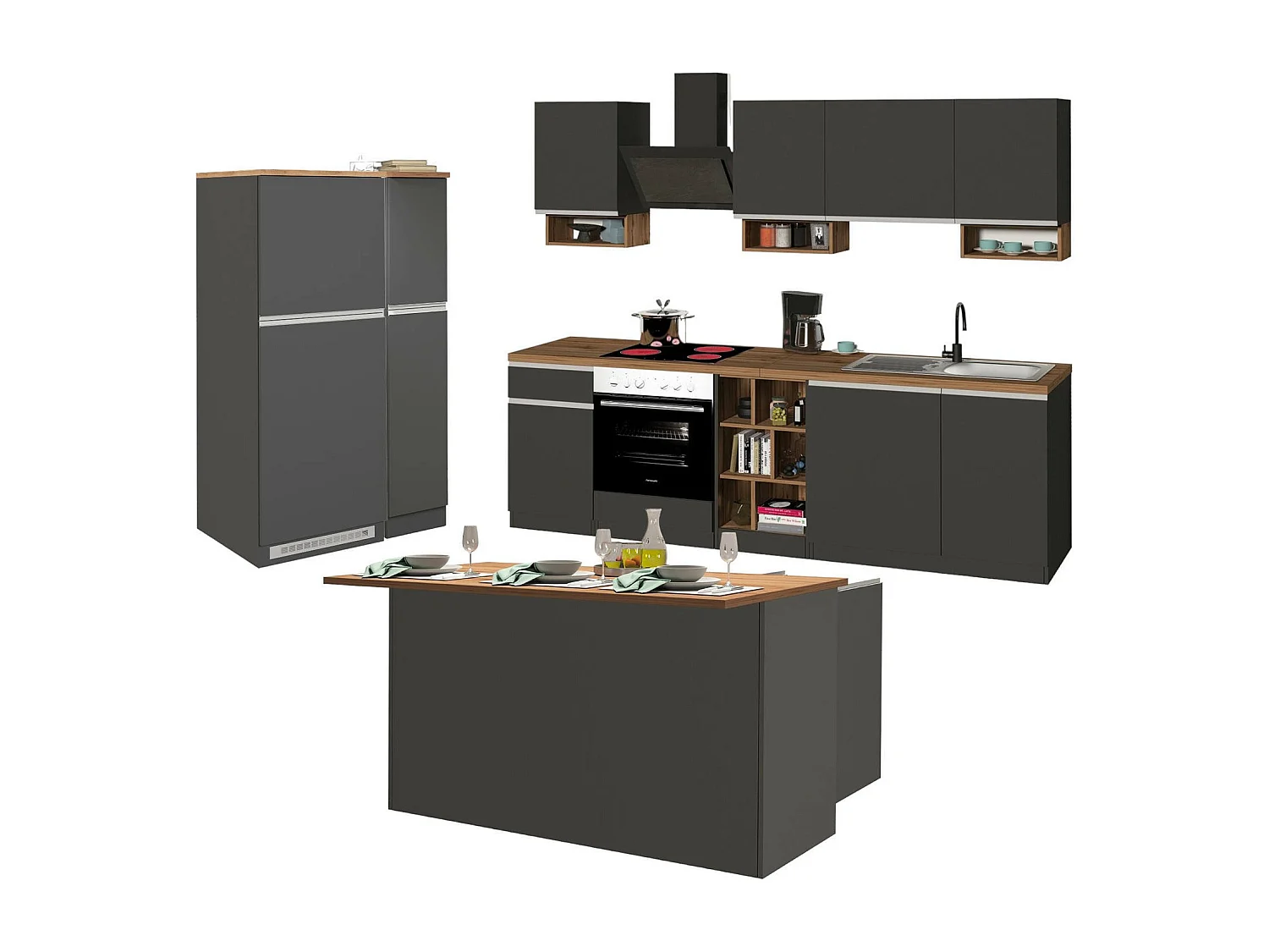 Cuisine complète Danderso, Ensemble avec garde-manger, Meuble de kitchenette, Kit bloc avec îlot et porte-frigo, 100% Made in Italy, Anthracite et Chêne