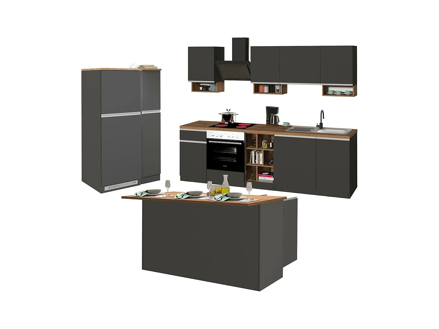 Cuisine complète Danderso, Ensemble avec garde-manger, Meuble de kitchenette, Kit bloc avec îlot et porte-frigo, 100% Made in Italy, Anthracite et Chêne