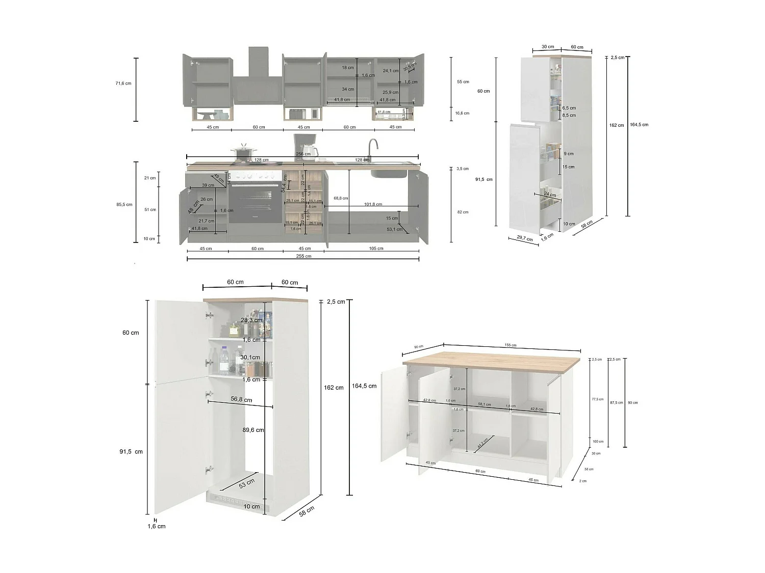 Cuisine complète Danderso, Ensemble avec garde-manger, Meuble de kitchenette, Kit bloc avec îlot et porte-frigo, 100% Made in Italy, Anthracite et Chêne