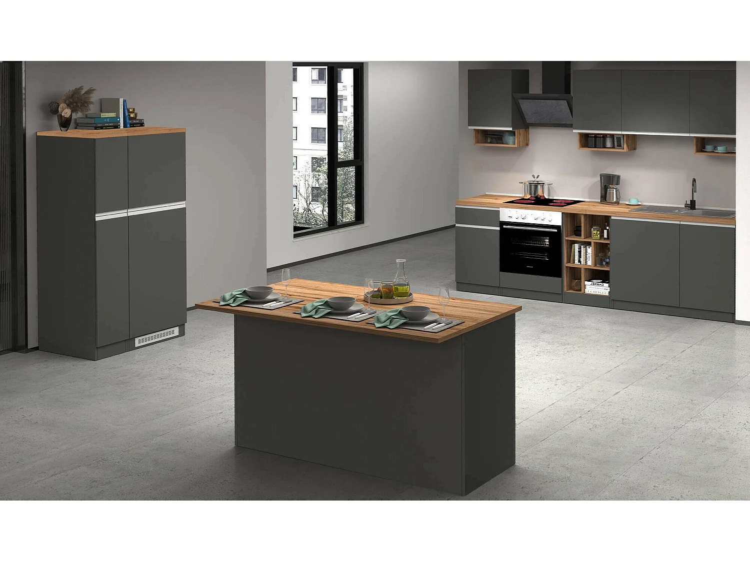 Cuisine complète Danderso, Ensemble avec garde-manger, Meuble de kitchenette, Kit bloc avec îlot et porte-frigo, 100% Made in Italy, Anthracite et Chêne