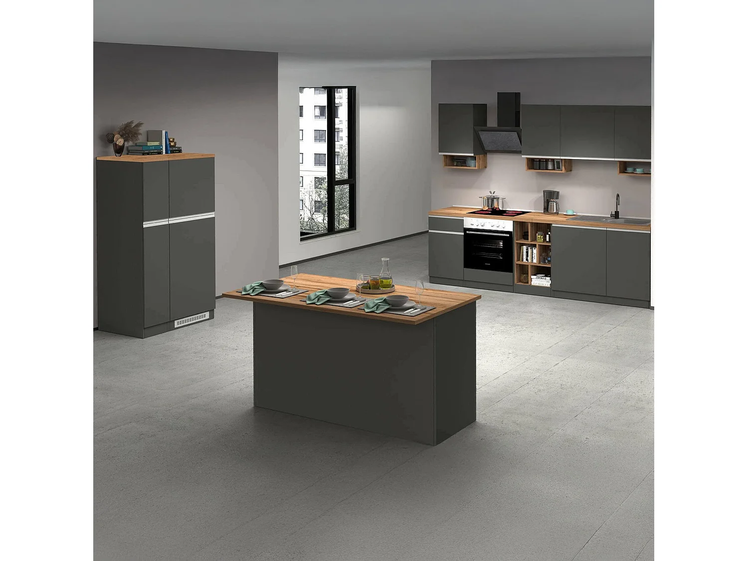 Cuisine complète Danderso, Ensemble avec garde-manger, Meuble de kitchenette, Kit bloc avec îlot et porte-frigo, 100% Made in Italy, Anthracite et Chêne