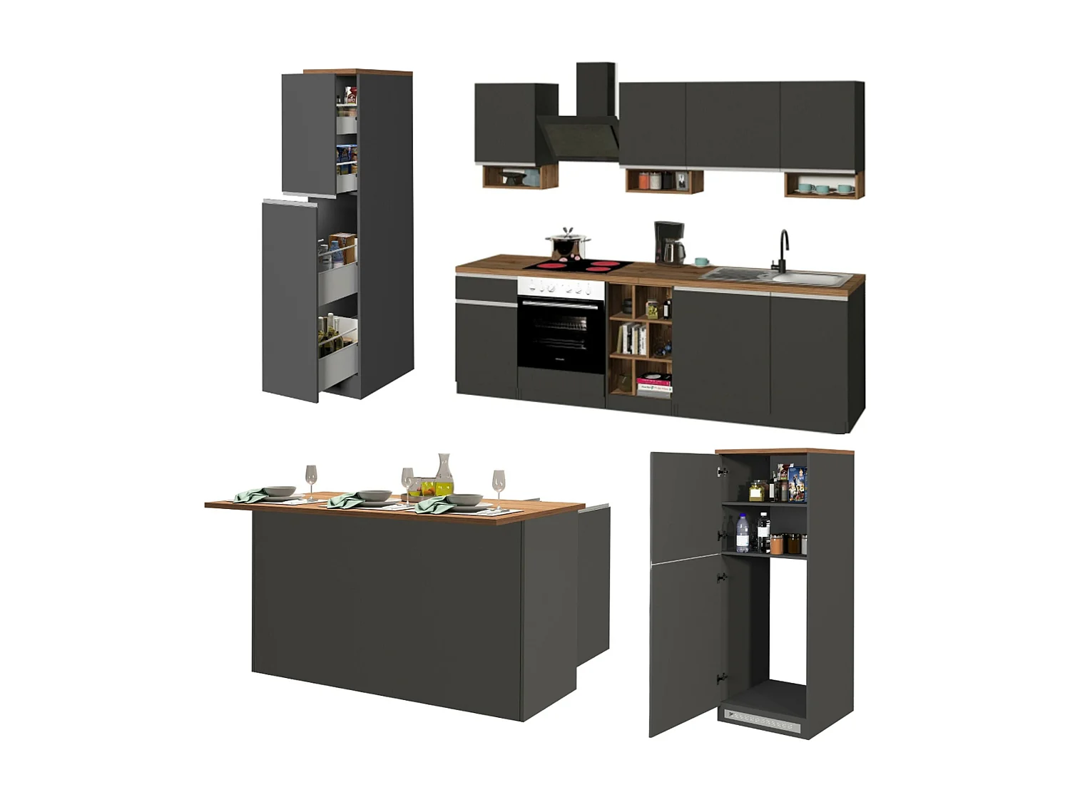 Cuisine complète Danderso, Ensemble avec garde-manger, Meuble de kitchenette, Kit bloc avec îlot et porte-frigo, 100% Made in Italy, Anthracite et Chêne