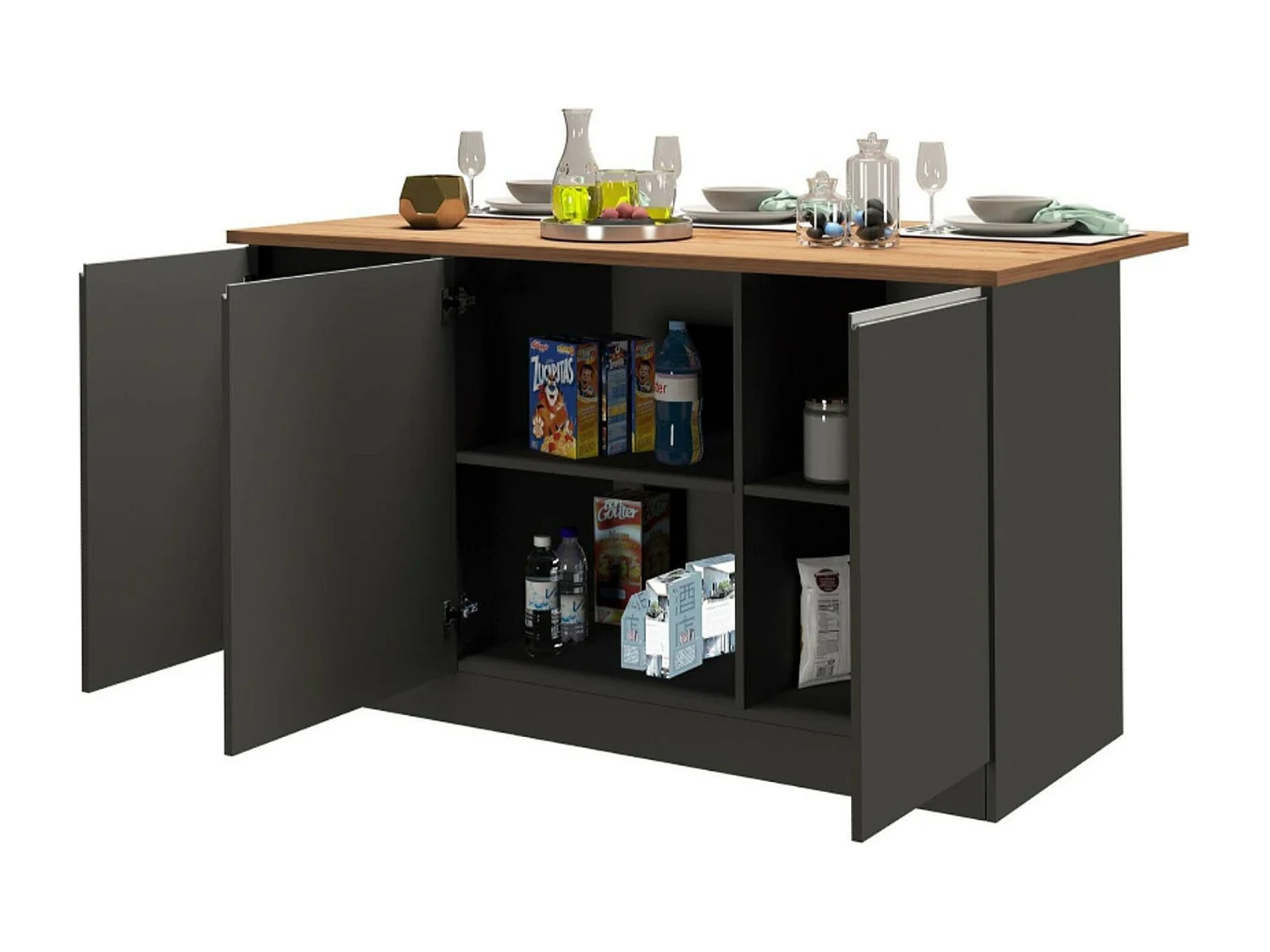 Cuisine complète Danderso, Ensemble avec garde-manger, Meuble de kitchenette, Kit bloc avec îlot et porte-frigo, 100% Made in Italy, Anthracite et Chêne