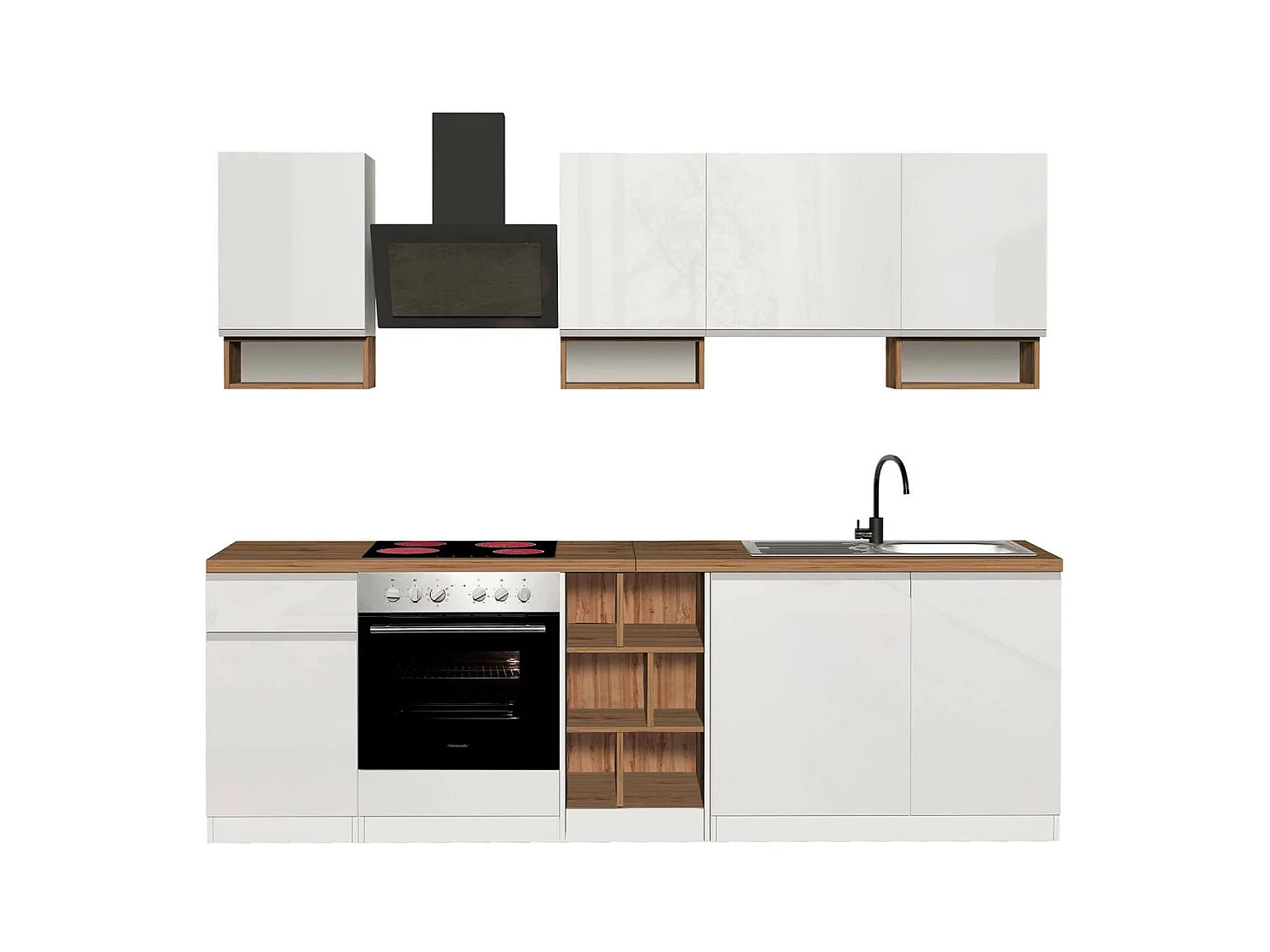 Cuisine complète Dcelient, Ensemble avec garde-manger, Meuble de kitchenette, Kit bloc linéaire, 100% Made in Italy, 255x60h85 cm, Blanc brillant et chêne