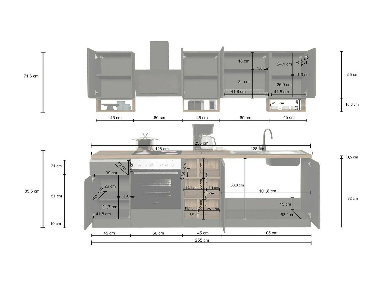 Cuisine complète Dcelient, Ensemble avec garde-manger, Meuble de kitchenette, Kit bloc linéaire, 100% Made in Italy, 255x60h85 cm, Blanc brillant et chêne