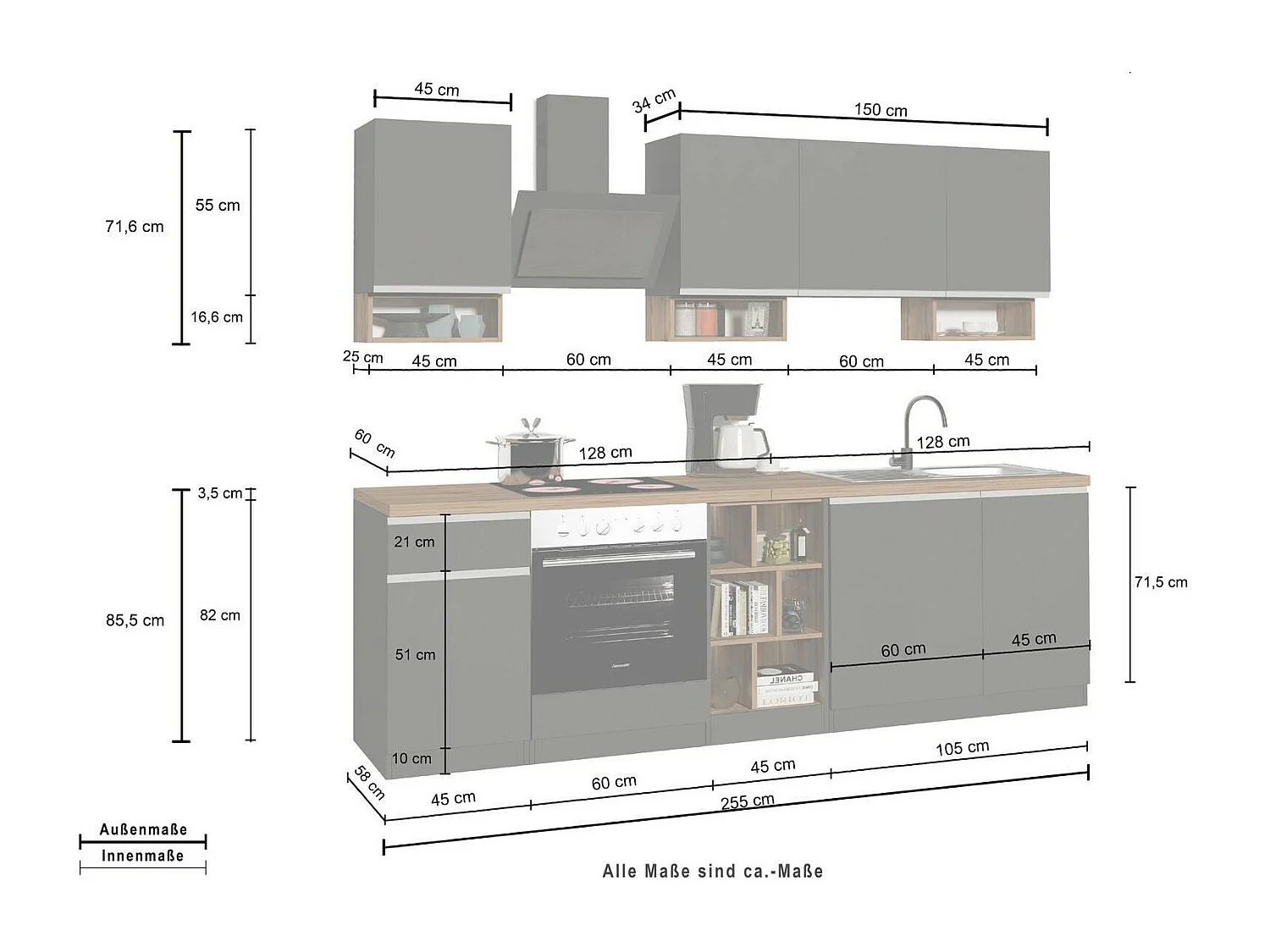 Cozinha completa Dcelient, Conjunto com despensa, Armário de cozinha, Kit de bloco linear, 100% Fabricado em Itália, 255x60h85 cm, Branco brilhante e carvalho