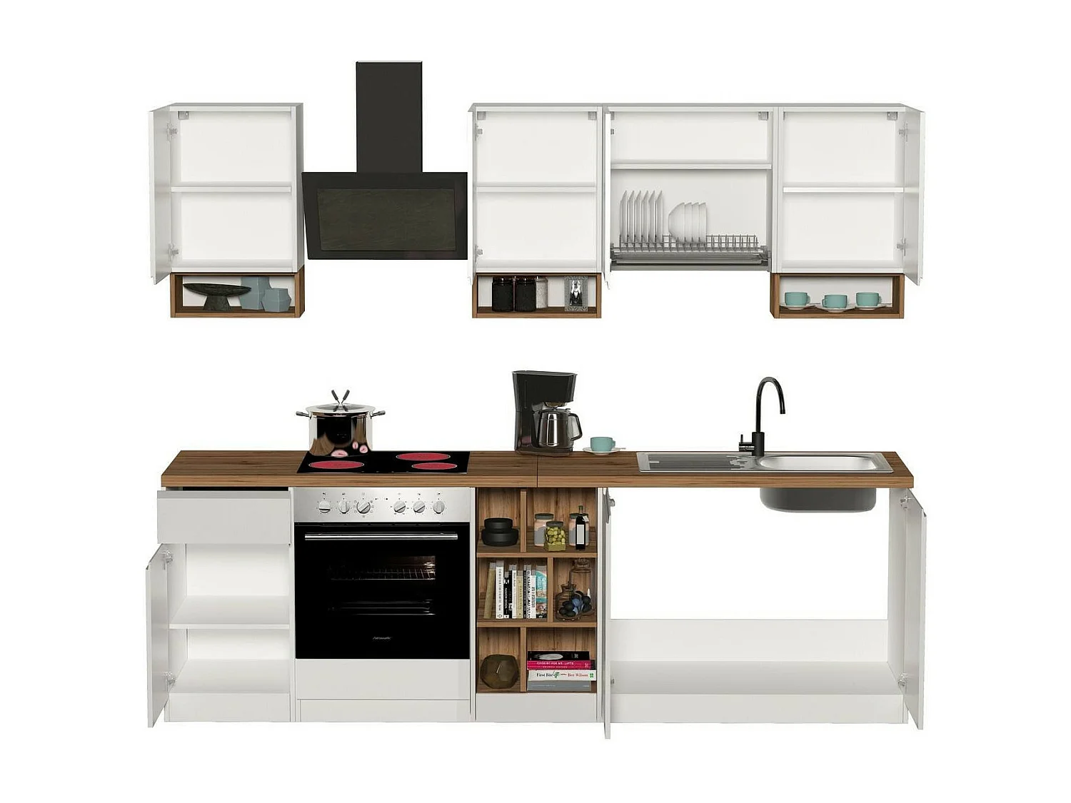 Cozinha completa Dcelient, Conjunto com despensa, Armário de cozinha, Kit de bloco linear, 100% Fabricado em Itália, 255x60h85 cm, Branco brilhante e carvalho