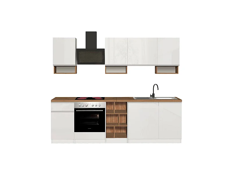 Cozinha completa Dcelient, Conjunto com despensa, Armário de cozinha, Kit de bloco linear, 100% Fabricado em Itália, 255x60h85 cm, Branco brilhante e carvalho