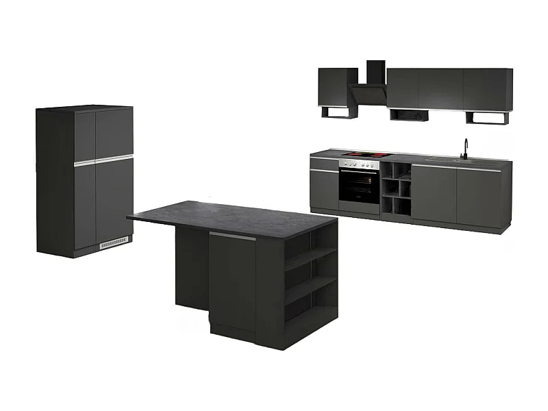 Dancelott complete keuken, Set met bijkeuken, Keukenkast, Blokkit met eiland en koelkasthouder, 100% Made in Italy, Antraciet en Leisteen